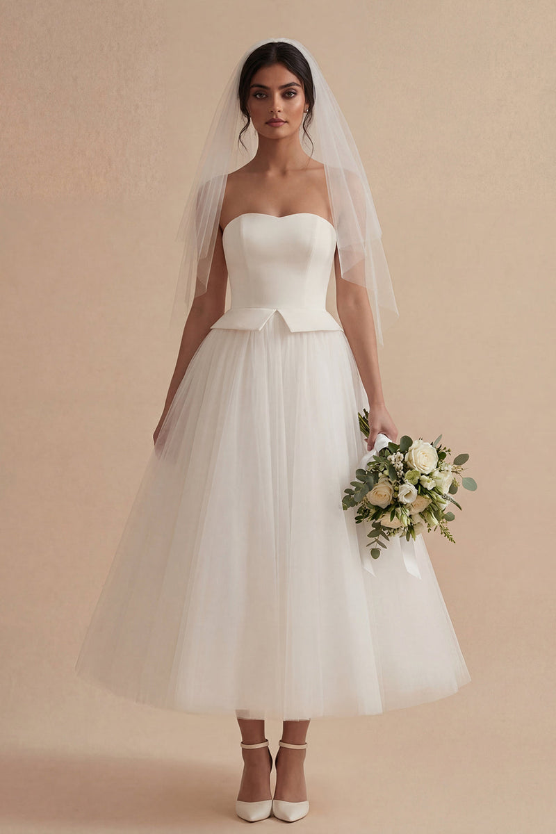 Load image into Gallery viewer, White Maxi A Line Strapless Boho Wedding Dress
