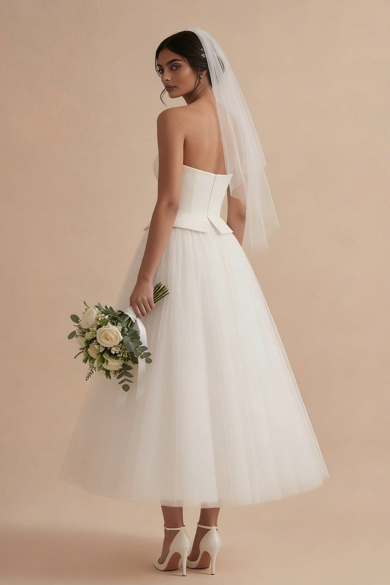 Load image into Gallery viewer, White Maxi A Line Strapless Boho Wedding Dress