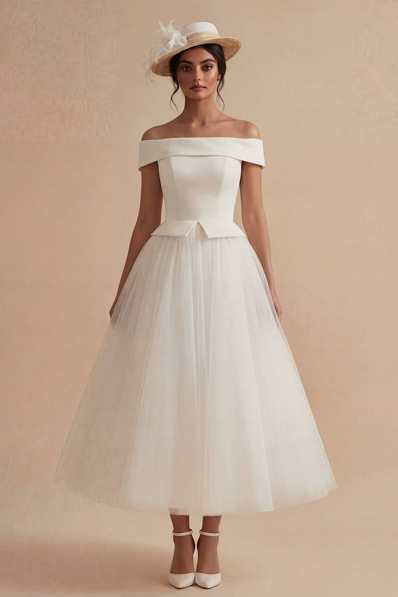 Load image into Gallery viewer, White Off the Shoulder Maxi A Line Boho Wedding Dress