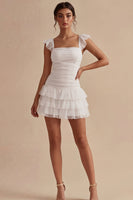 Load image into Gallery viewer, Square Neck White Short A Line Ruched Graduation Dress with Ruffles