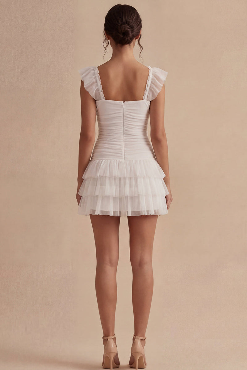 Load image into Gallery viewer, Square Neck White Short A Line Ruched Graduation Dress with Ruffles