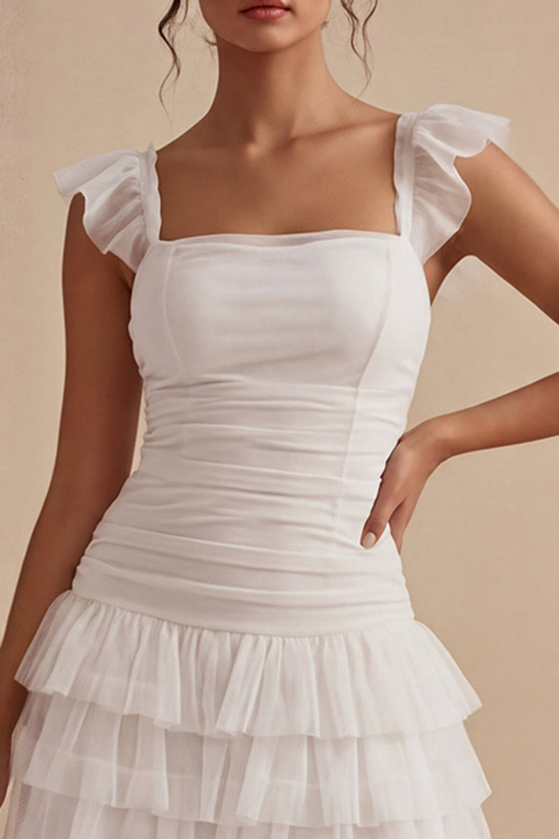 Load image into Gallery viewer, Square Neck White Short A Line Ruched Graduation Dress with Ruffles