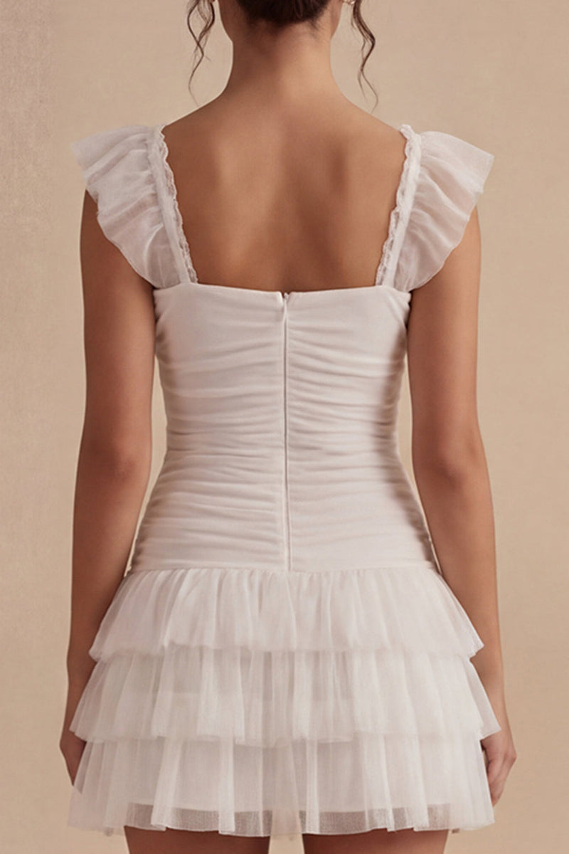 Load image into Gallery viewer, Square Neck White Short A Line Ruched Graduation Dress with Ruffles