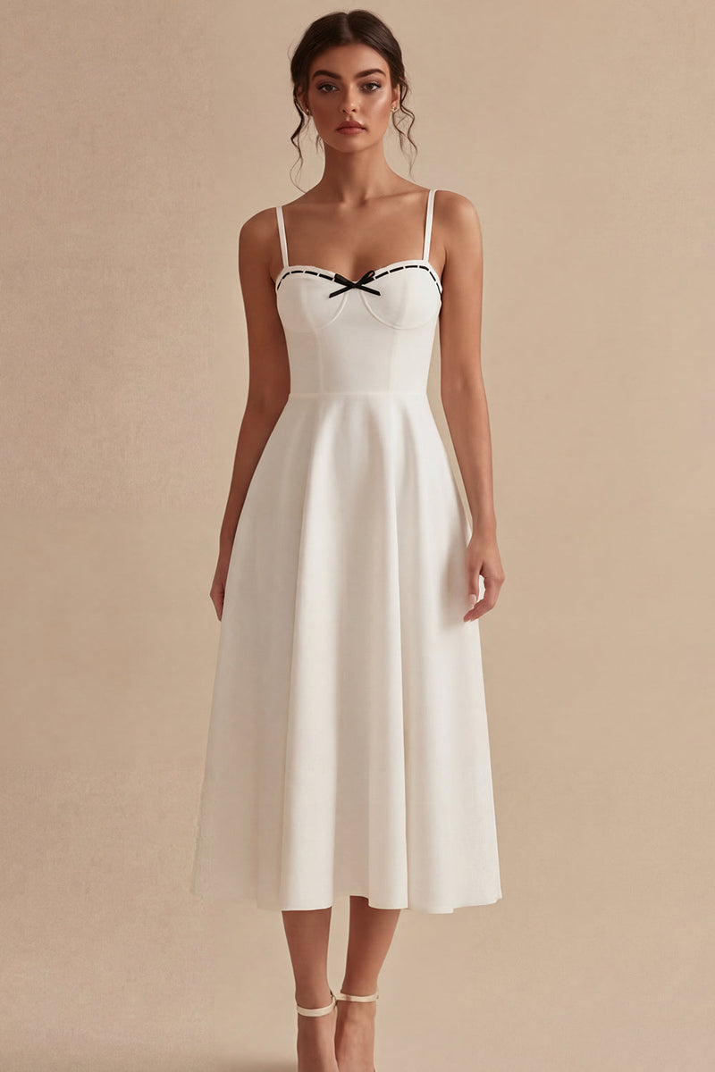 Load image into Gallery viewer, Maxi A Line White Spaghetti Straps Engagement Dress with Bow