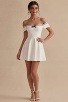 Load image into Gallery viewer, Off the Shoulder Short White A Line Graduation Dress with Bow