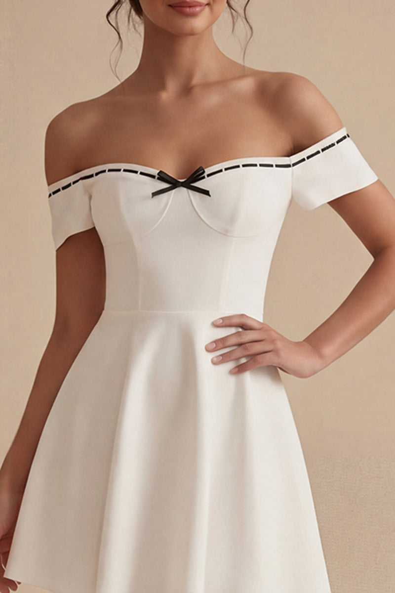 Load image into Gallery viewer, Off the Shoulder Short White A Line Graduation Dress with Bow