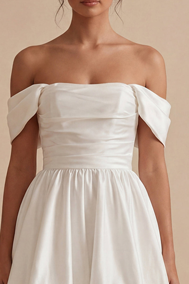 Load image into Gallery viewer, Ruched Off the Shoulder Short White A Line Graduation Dress