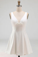 Load image into Gallery viewer, Short V-Neck White A Line Graduation Dress