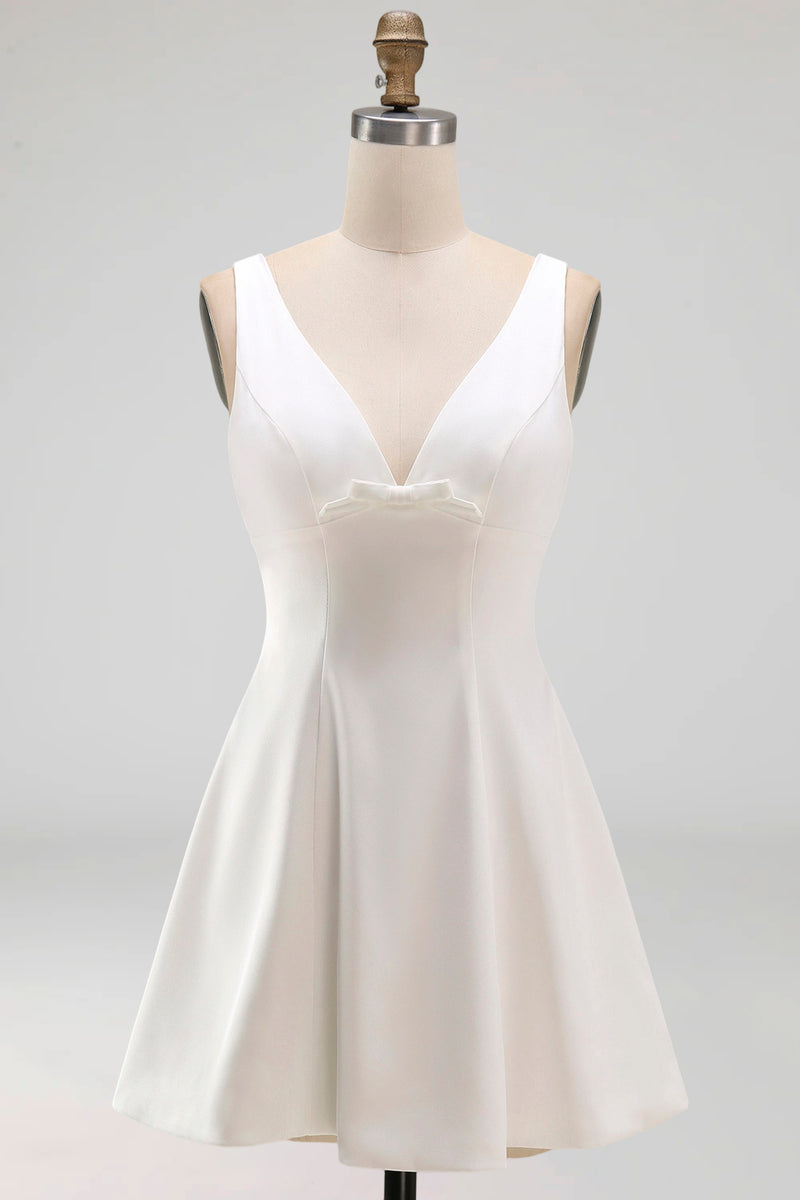 Load image into Gallery viewer, Short V-Neck White A Line Graduation Dress