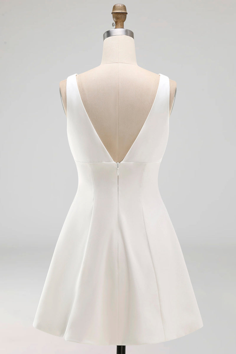 Load image into Gallery viewer, Short V-Neck White A Line Graduation Dress