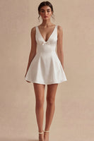 Load image into Gallery viewer, Short V-Neck White A Line Graduation Dress