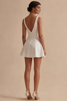 Load image into Gallery viewer, Short V-Neck White A Line Graduation Dress