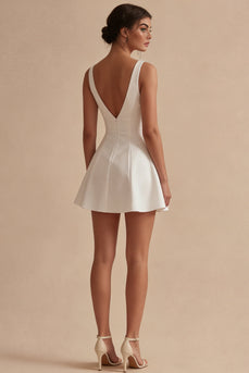 Short V-Neck White A Line Graduation Dress
