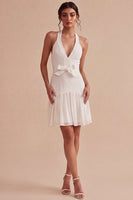 Load image into Gallery viewer, Simple Halter Short White A Line Graduation Dress with Bow
