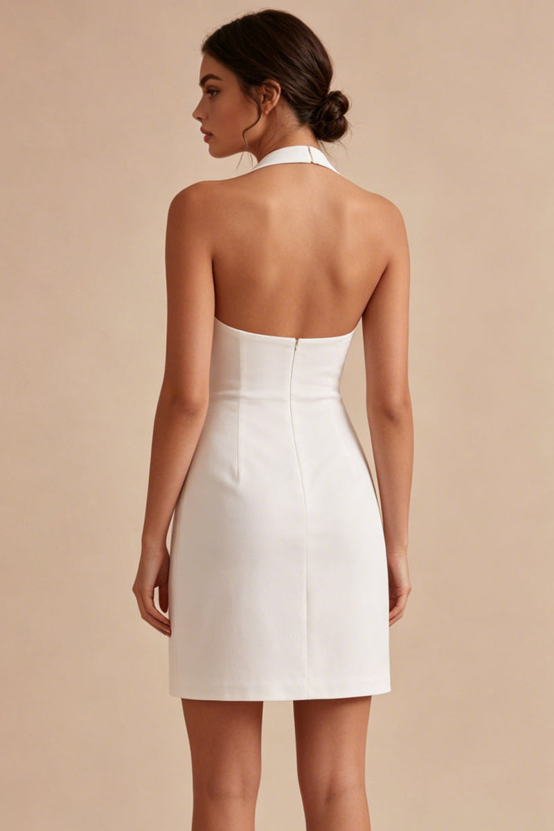 Load image into Gallery viewer, Short Backless Ruched Halter White Graduation Dress