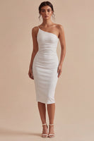 Load image into Gallery viewer, Bodycon Midi Glitter Ruched One Shoulder White Engagement Dress
