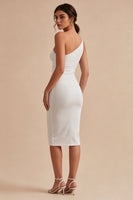 Load image into Gallery viewer, Bodycon Midi Glitter Ruched One Shoulder White Engagement Dress