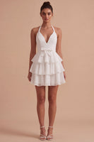Load image into Gallery viewer, Ruffled Halter Backless White A Line Short Graduation Dress with Bow