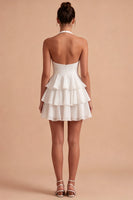 Load image into Gallery viewer, Ruffled Halter Backless White A Line Short Graduation Dress with Bow