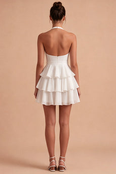 Ruffled Halter Backless White A Line Short Graduation Dress with Bow