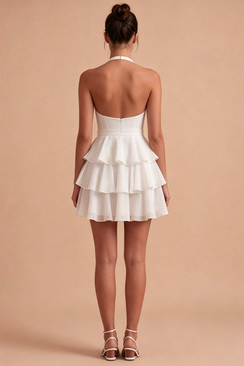 Load image into Gallery viewer, Ruffled Halter Backless White A Line Short Graduation Dress with Bow