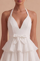 Load image into Gallery viewer, Ruffled Halter Backless White A Line Short Graduation Dress with Bow