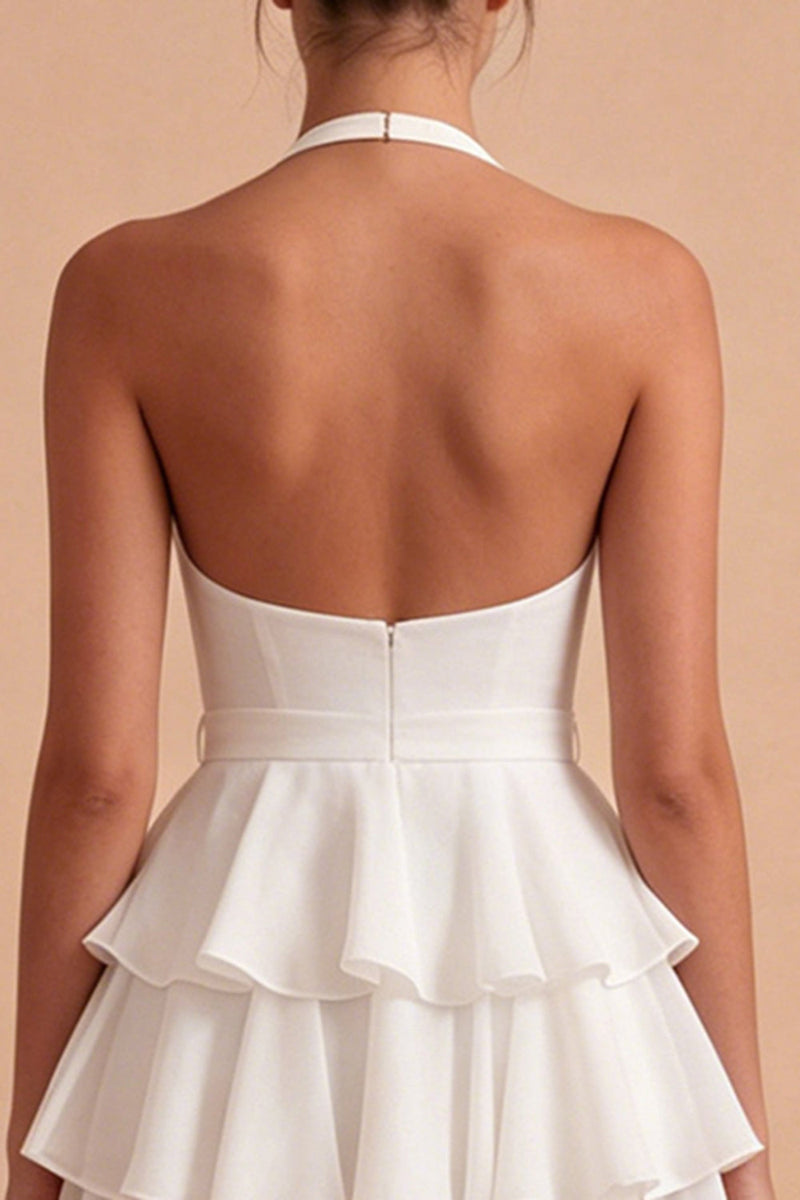 Load image into Gallery viewer, Ruffled Halter Backless White A Line Short Graduation Dress with Bow