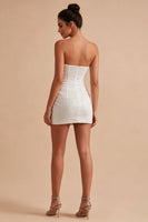 Load image into Gallery viewer, Strapless White Ruched Sparkly Tight Short Corset Sequin Graduation Dress