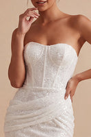 Load image into Gallery viewer, Strapless White Ruched Sparkly Tight Short Corset Sequin Graduation Dress