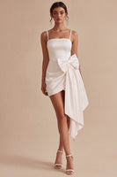 Load image into Gallery viewer, Spaghetti Straps Ruched Tight Short White Graduation Dress with Bow