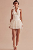 Load image into Gallery viewer, Halter Ruched Short White A Line Graduation Dress with Ruffles