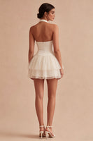 Load image into Gallery viewer, Halter Ruched Short White A Line Graduation Dress with Ruffles