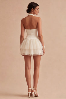 Halter Ruched Short White A Line Graduation Dress with Ruffles