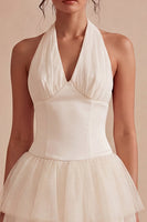 Load image into Gallery viewer, Halter Ruched Short White A Line Graduation Dress with Ruffles