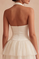 Load image into Gallery viewer, Halter Ruched Short White A Line Graduation Dress with Ruffles