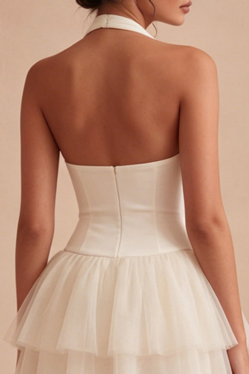Load image into Gallery viewer, Halter Ruched Short White A Line Graduation Dress with Ruffles