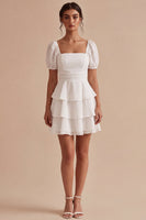 Load image into Gallery viewer, Short Sleeves White A Line Short Graduation Dress with Ruffles