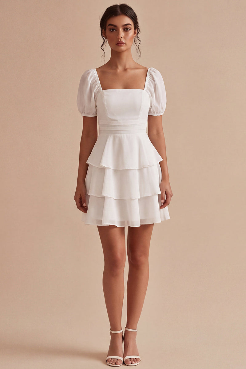 Load image into Gallery viewer, Short Sleeves White A Line Short Graduation Dress with Ruffles