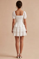 Load image into Gallery viewer, Short Sleeves White A Line Short Graduation Dress with Ruffles