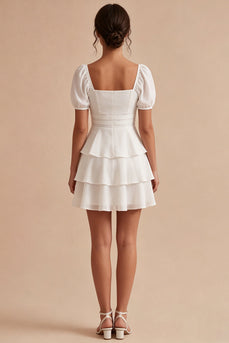 Short Sleeves White A Line Short Graduation Dress with Ruffles