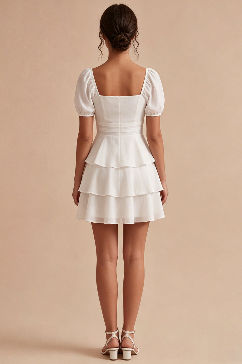 Load image into Gallery viewer, Short Sleeves White A Line Short Graduation Dress with Ruffles