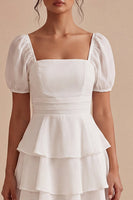Load image into Gallery viewer, Short Sleeves White A Line Short Graduation Dress with Ruffles