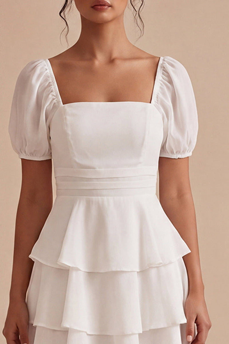 Load image into Gallery viewer, Short Sleeves White A Line Short Graduation Dress with Ruffles