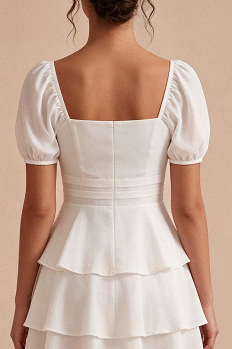 Load image into Gallery viewer, Short Sleeves White A Line Short Graduation Dress with Ruffles