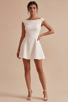 Load image into Gallery viewer, White Simple Boat Neck Short A Line Graduation Dress
