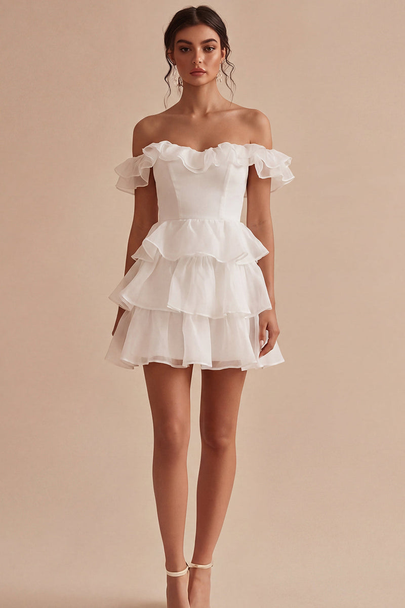 Load image into Gallery viewer, White Off the Shoulder Short A Line Graduation Dress with Ruffles