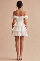Load image into Gallery viewer, White Off the Shoulder Short A Line Graduation Dress with Ruffles