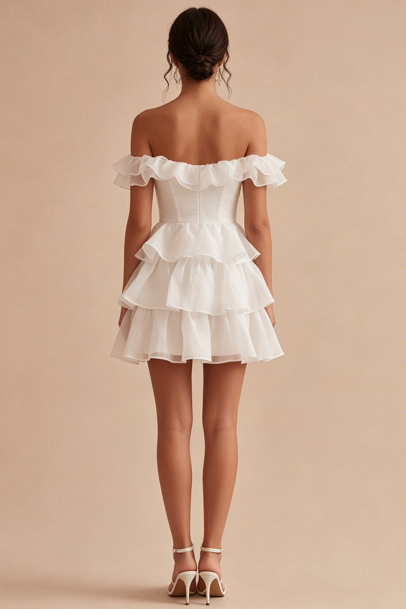 Load image into Gallery viewer, White Off the Shoulder Short A Line Graduation Dress with Ruffles