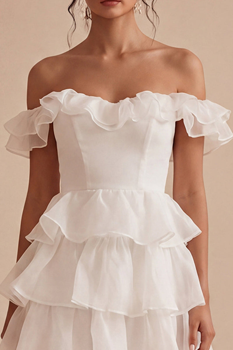 Load image into Gallery viewer, White Off the Shoulder Short A Line Graduation Dress with Ruffles