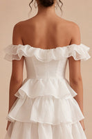 Load image into Gallery viewer, White Off the Shoulder Short A Line Graduation Dress with Ruffles